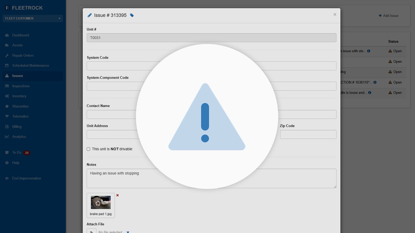 Vehicle Issue Tracking Software Screenshot
